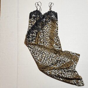 FREDERICK'S OF HOLLYWOOD Vintage Women's Leopard‎ Print Black Lace Slip Dress LG
